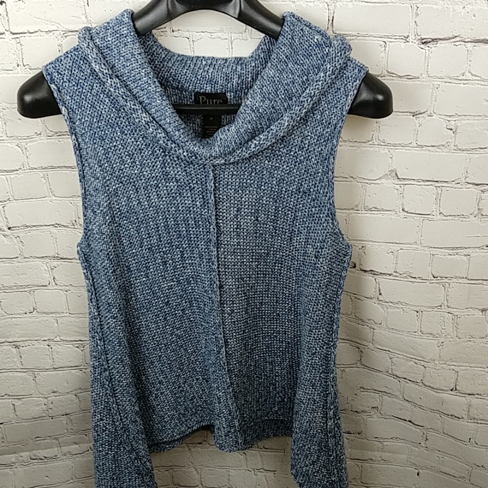 Pure Hand-knit Blue Cowlneck Sleeveless Pullover